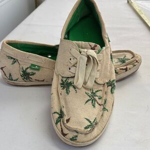 Sanuk Cream Textile Palm Print Tie Loafer Size 11.5